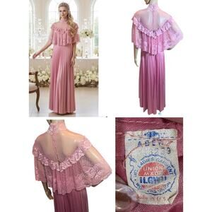 VTG 70s Rose Pink Lace Victorian Prairie Cottagecore Romantic Maxi Dress Sz 4/6
